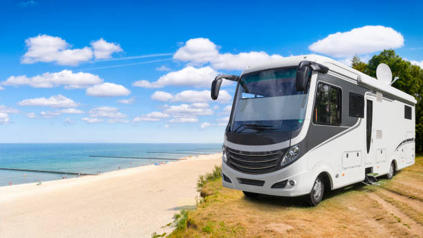 Vacations in Poland - motorhome over a cliff on the Baltic Sea in Trzesacz, small tourist resort in west pomeranian voivodeship