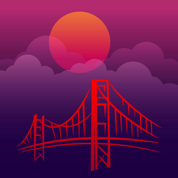 istock Simplicity illustration. San Francisco’s Golden Gate Bridge with sunset and clouds. Postcard. 1369938821