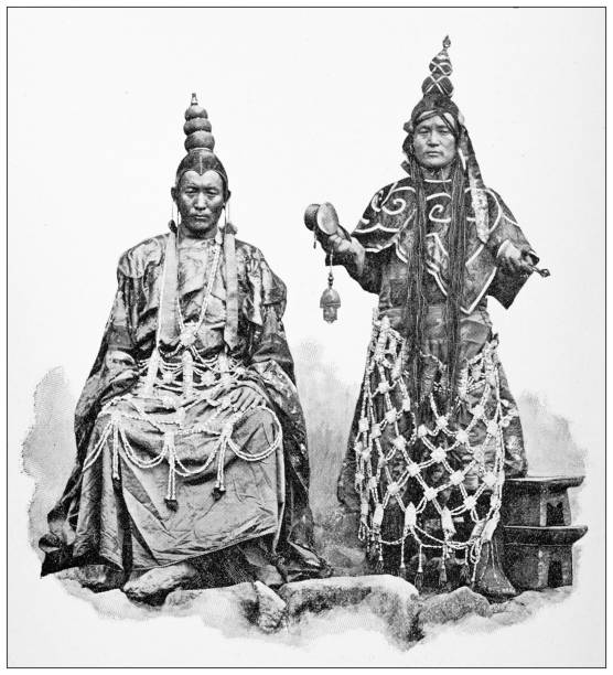 Antique travel photographs of India: Buddhist priest and priestess, Tibet Antique travel photographs of India: Buddhist priest and priestess, Tibet tibet photos stock illustrations