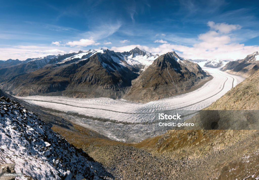panoramic view of aletsch glacier in the swiss alps wide panoramic view of aletsch glacier under blue sunny sky 2021 Stock Photo