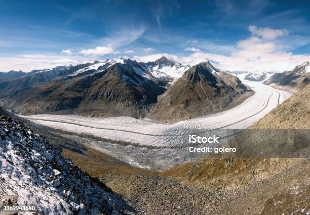 Panoramic View Of Aletsch Glacier In The Swiss Alps Stock Photo - Download Image Now