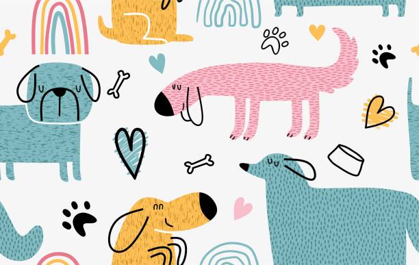 面白い犬と子供っぽいシームレスなパターン。 - dog dachshund small puppy点のイラスト素材／クリップアート素材／マンガ素材／アイコン素材