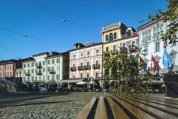central town square piazza grande in Locarno at sunny day under blue sky