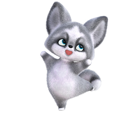 3D rendering of an adorable happy cute furry arctic fox isolated in white background