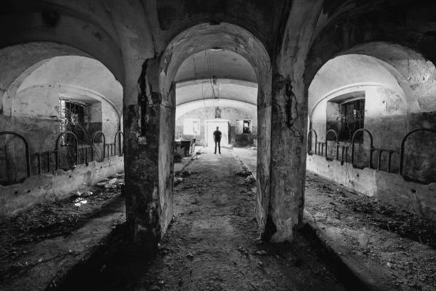 istock Man portrait posing in abandoned farm, black and white 1369950279