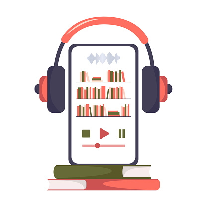 Logo of audio books. Screen of tablet or smartphone with books and headphones. Concept of electronic library, distance learning, education. Logo of digital online books app. Vector illustration