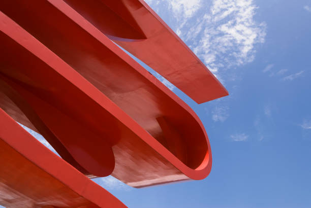 Santos, Brazil: Monument by Tomie Ohtake. 100 years of Japanese immigration to Brazil. Santos, São Paulo, Brazil - March 8, 2009: Partial view of the monument by Tomie Ohtake in honor of 100 years of Japanese immigration to Brazil. Seen from below in contrast to the sky. 2009 stock pictures, royalty-free photos & images