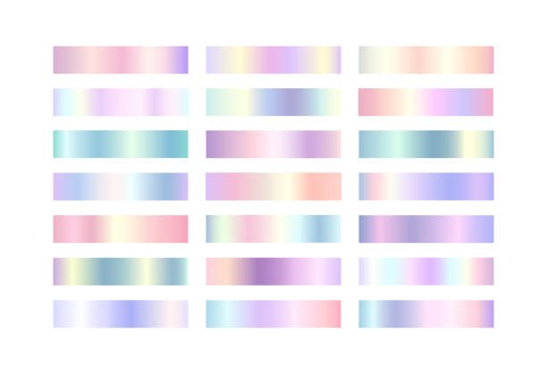 ilustrações de stock, clip art, desenhos animados e ícones de rainbow gradient color set. unicorn holographic, gold metallic, silver, rainbow chrome, iridescent swatches palette. vector shiny pastel multicolor metal backgrounds for border, frame, label, web - iridescent