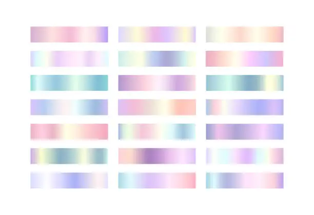 Vector illustration of Rainbow gradient color set. Unicorn holographic, gold metallic, silver, rainbow chrome, iridescent swatches palette. Vector shiny pastel multicolor metal backgrounds for border, frame, label, web