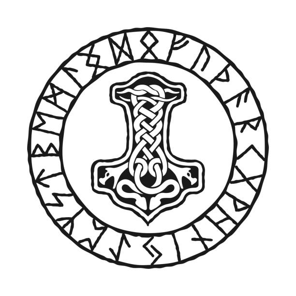 mjolnir - młot thorsa, rysujący w celtyckim kształcie węzła, oraz nordycki okrąg runiczny, izolowany na białej, wektorowej ilustracji. styl wikingów, szablon projektu - odin stock illustrations