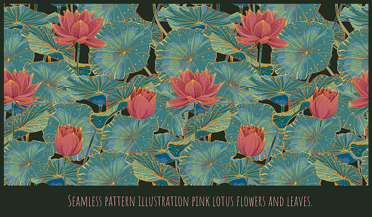 Seamless pattern lined illustration hand drawn art of lotus flowers and leaves.