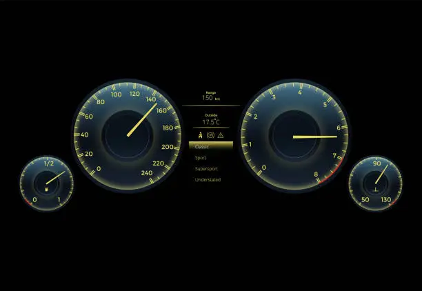 Vector illustration of Realistic car dashboard speedometer and tachometer. Speed measure gauge. Motorbike or motorcycle speed indicator, counter on analog panel. Colorful infographic element