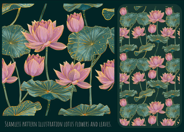 Seamless pattern lined art of lotus flowers and leaves. Seamless pattern lined illustration hand drawn art of lotus flowers and leaves. chinese culture paintings bush painting stock illustrations