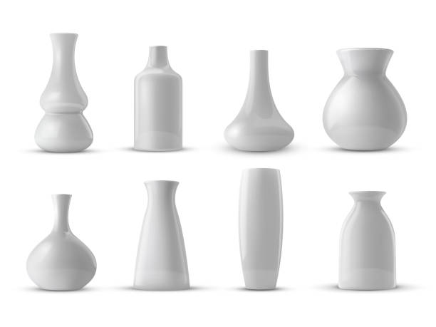 istock Realistic collection of white ceramic porcelain vase. 3d ceramic glossy  pot set. 1369956466