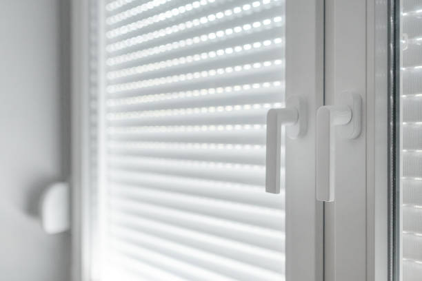 White PVC window handles, selective focus stock photo