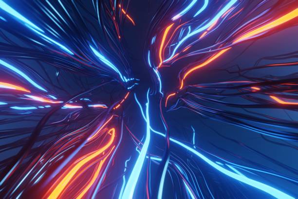 istock Abstract Red And Blue Glowing Neon Lights Line trails Background 3D rendering