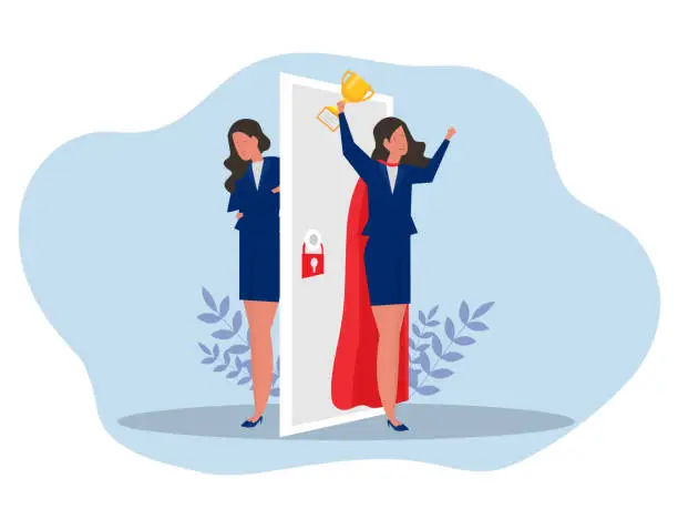 Vector illustration of Imposter syndrome.woman standing for her present profile with fear after door . Anxiety and lack of self confidence at work; the person fakes is someone else concept