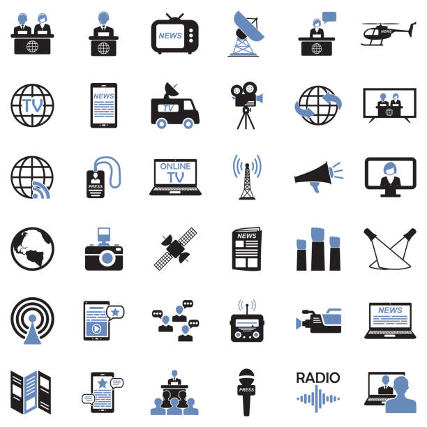 nachrichten reporter icons. zwei-ton-flach-design. vektor-illustration. - the media paparazzi photographer press conference microphone stock-grafiken, -clipart, -cartoons und -symbole