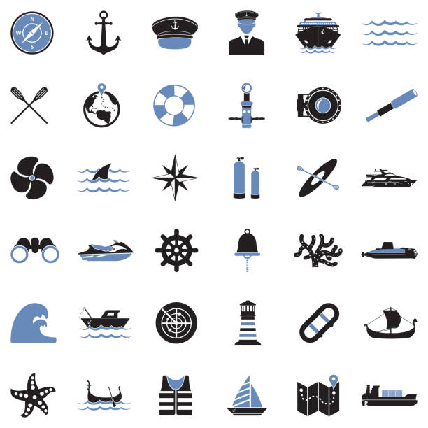 Nautical Icons. Two Tone Flat Design. Vector Illustration. Nautical, Yacht, Sea, Sailing, Boat, Navigation bellcaptain stock illustrations