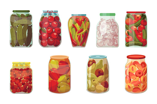 Jars preserved vegetables. Cans of pickled tomatoes, cucumbers and peppers. Cartoon canned food in glass jars with berry fruit or mushrooms. Grocery conserve containers