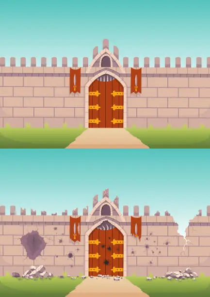 Vector illustration of Medieval walls in two types before and after enemies attack or siege during war. Castle stone fortification with wooden city gate, fairy tale exterior. Ancient game. Stronghold stone walls