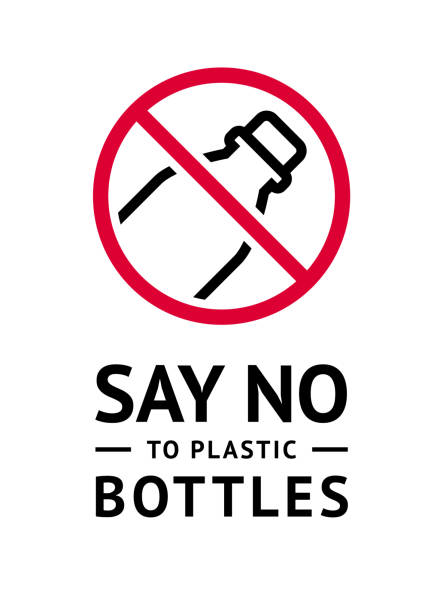 No plastic forbidden poster, modern sticker No plastic bottle forbidden poster, modern prohibited sticker disposable stock illustrations