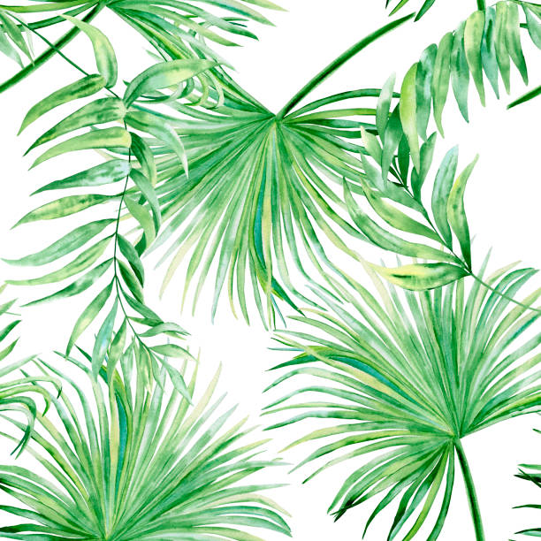istock Watercolor seamless pattern with tropical green leaves. Hand drawn jungle foliage isolated on white background. Exotic background. Summer fabric. Wrapping paper. Wallpaper design. 1369965569