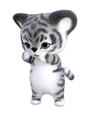 3D rendering of an adorable happy cute furry white tiger isolated in white background