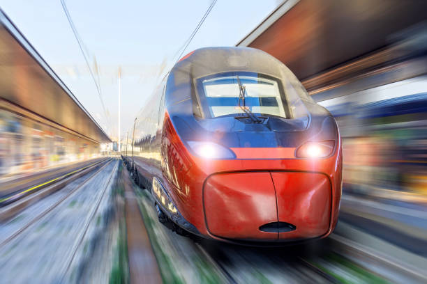 intercity passenger train with motion blur effect on the railway platform. - high speed train imagens e fotografias de stock