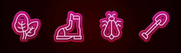 istock Set line Tropical leaves, Hunter boots, Mosquito and Shovel. Glowing neon icon. Vector 1369968271