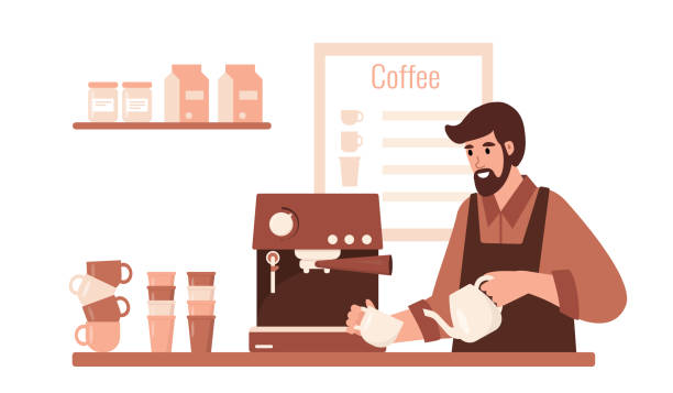 Man barista making Coffee in cafe with coffeemachine in coffee shop. Man barista making Coffee in cafe with coffee machine. Male person character working in coffee shop. Small business. Flat or cartoon Vector illustration. barista stock illustrations