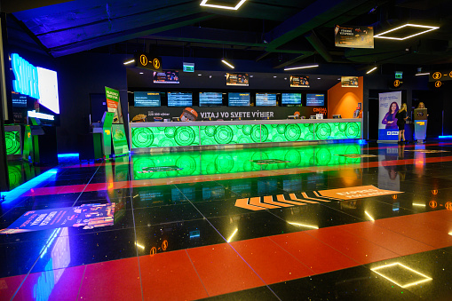 Bratislava, Slovakia - July 9, 2019: Ticket and concessions counter at cinema in Aupark shopping centre