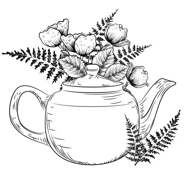 Vector illustration of Hand Drawn Teapot With Flowers On A Transparent Background