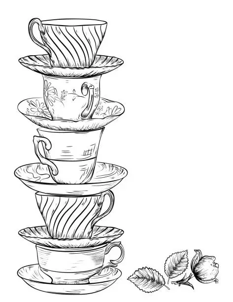Vector illustration of Hand Drawn Stack of Teacups On A Transparent Background