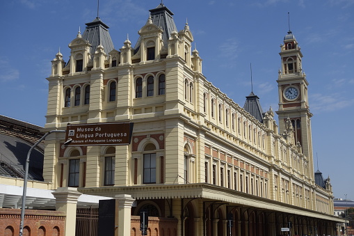 exterior view of building of Luz Station and Museum of Portuguese Language in Sao Paulo city.