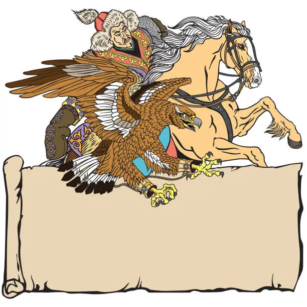 Vector illustration of Hunting with an eagle on a horse. Template with scroll