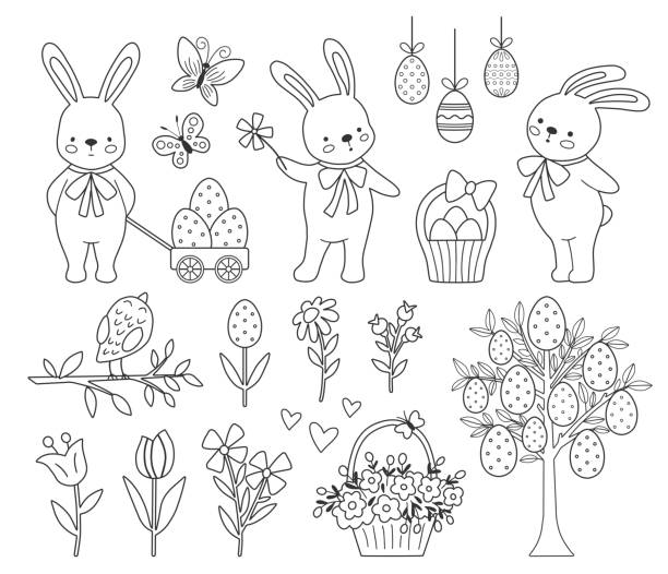 Set of doodles for easter. Set of doodles for easter. Easter bunnies and design elements. Outline drawing. Coloring book for children. simple butterfly outline pictures stock illustrations
