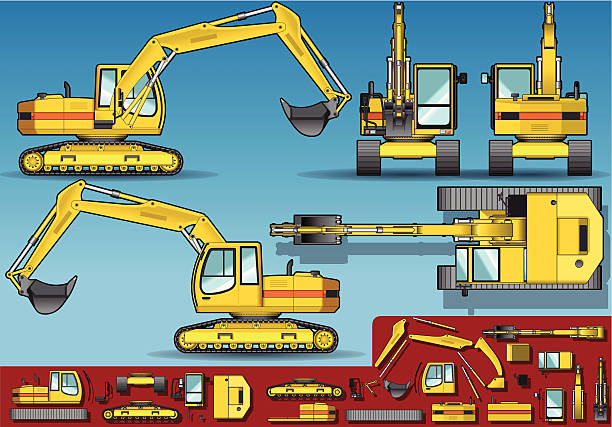 ilustrações, clipart, desenhos animados e ícones de amarelo excavator em cinco orthogonal posição - hydraulic platform illustrations