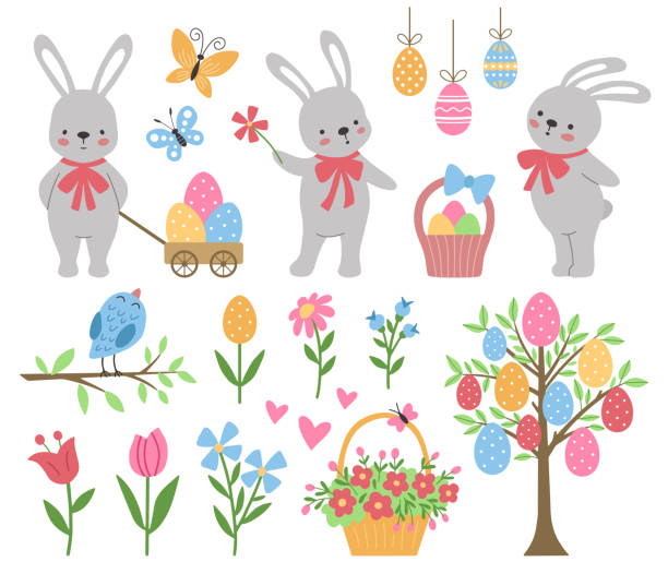 Set of cute Easter characters and design elements. Set of cute Easter characters and design elements. Easter bunnies and flowers. Vector illustration. easter easter egg eggs basket stock illustrations