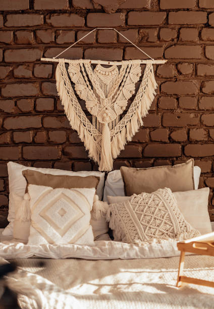 istock Empty Bed, Elegant Brick Wall on Background. Bedroom Modern and Cozy Interior. Soft Pillow and Blanket, Stylish Comfortable Furniture 1369972661