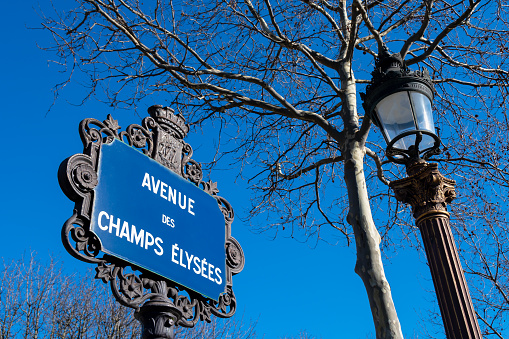 The most famous street in the world - Avenue des Champs Elysees in Paris, Champs Elysees street sign.