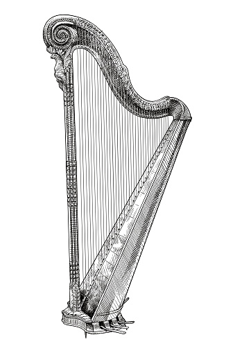 Old style illustration of music instrument, harp