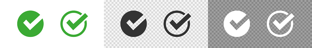 Check mark set icon. Green, black and white checkmark button in flat on transparent background. Vector tick yes sign symbol