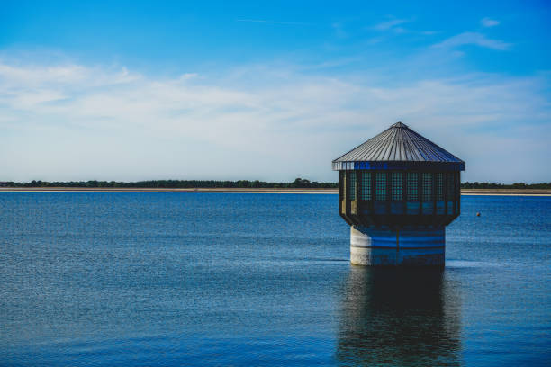 A water tower in the lake.