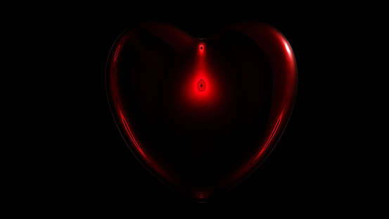 Red small upside down glowing heart in center of big neon heart with dark background (3D Rendering)