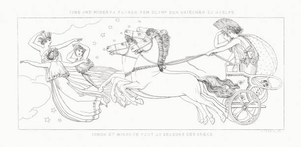 ilustrações de stock, clip art, desenhos animados e ícones de juno and minerva going to assist the greeks (iliad) - engraving minerva engraved image roman mythology