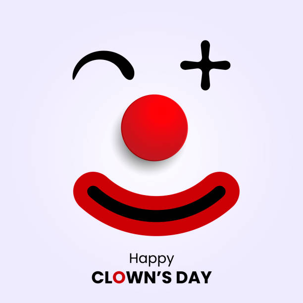 gesicht eines lächelnden clowns mit großer roter gumminase - clownsnase stock-grafiken, -clipart, -cartoons und -symbole