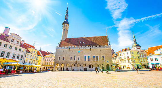 Beautiful colourful spring flowers in front of the famous Marienplatz in Munich. Off season travel concept. Spring blossoms in the bavarian capital.