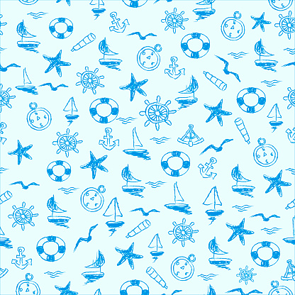 Seamless hand-drawn pattern with seafaring motifs such as sailboats, starfish, rudders, seagulls, compasses
