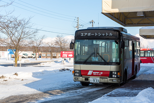 Chitose, Japan - January 24, 2016 : Nippon Rent-A-Car free shuttle service to New Chitose Airport in Chitose, Hokkaido, Japan.